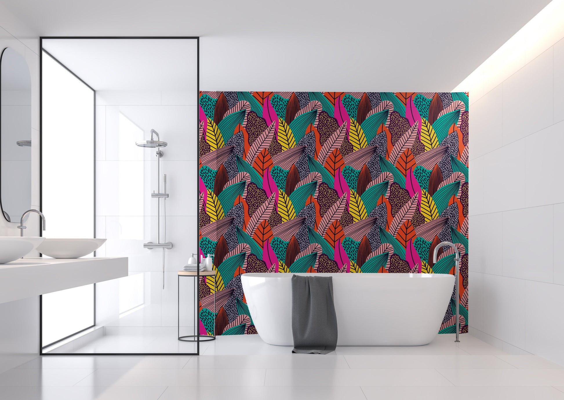 All of our wallpaper designs are now available as vinyl wallpapers for wet areas. All are printed to order here in Auckland, NZ.  130 cms in width and sold by the lineal metre.  450 gsm in weight